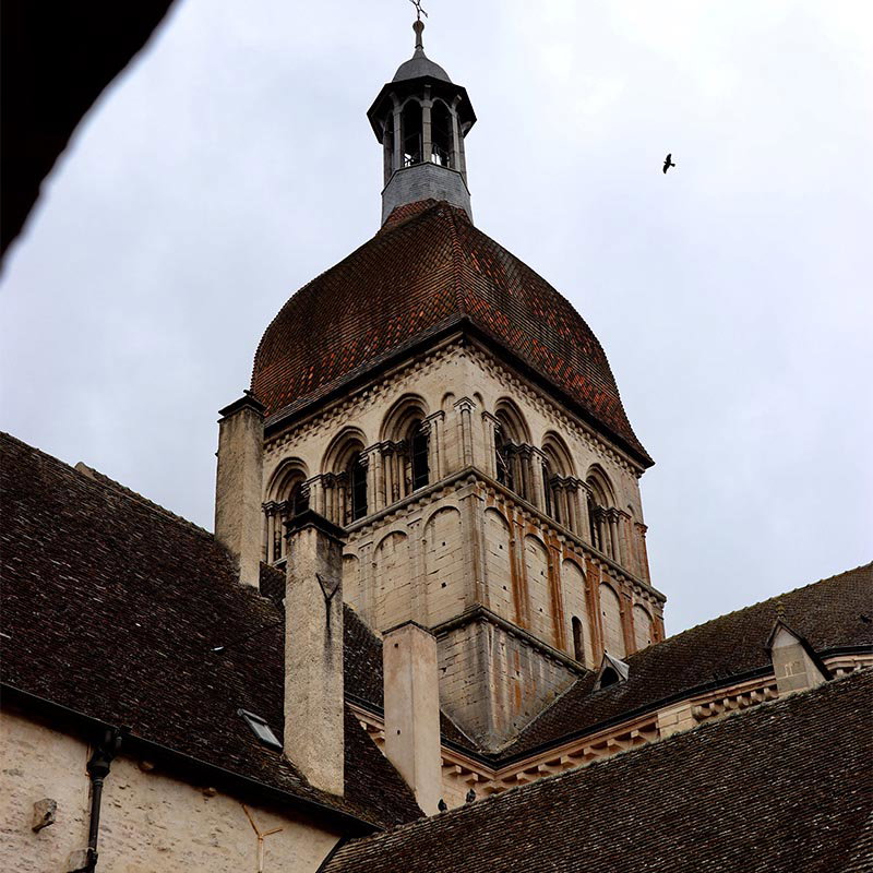 Historic stone church tower with a tiled dome roof rising above surrounding buildings under an overcast sky.